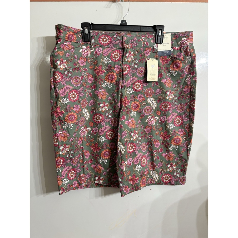 St. John's Bay Floral Bermuda Shorts - Olive Green with Pink and Orange Flowers